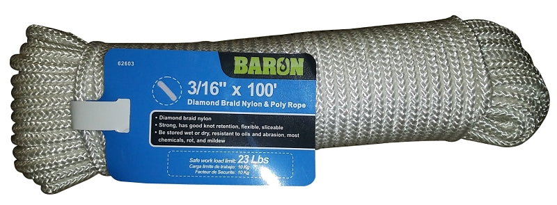 Baron 62603 Rope, 3/16 in Dia, 100 ft L, 70 lb Working Load, Nylon, White