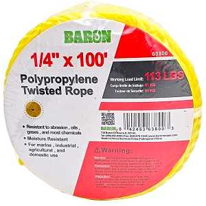 Baron 63800 Rope, 1/4 in Dia, 100 ft L, 113 lb Working Load, Polypropylene, Yellow