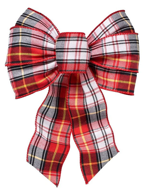 Holiday Trims 6114 Plaid Wired Bow, Red/White/Black/Gold, 8.5 in x 14 in, Pack of 12