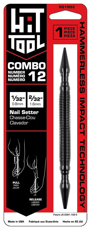 Hit Tool NS1NS2 Hammerless Combination Nail Set, 1/32, 2/32 in Tip, Steel, Black-Oxide