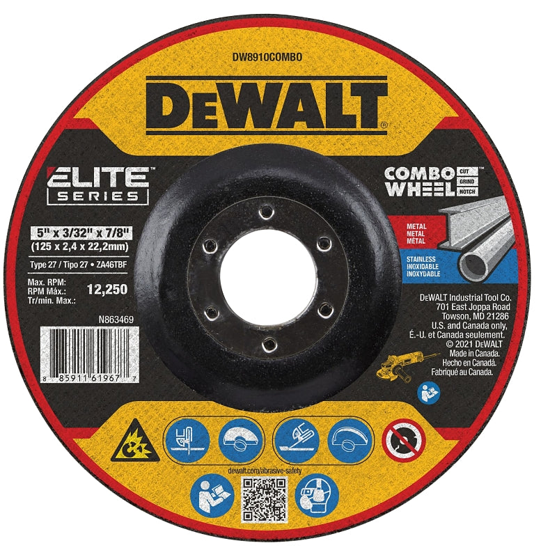 DEWALT ELITE Series DW8910COMBO Cutting Wheel, 5 in Dia, 0.093 in Thick, 7/8 in Arbor, 24 Grit, Ceramic Abrasive