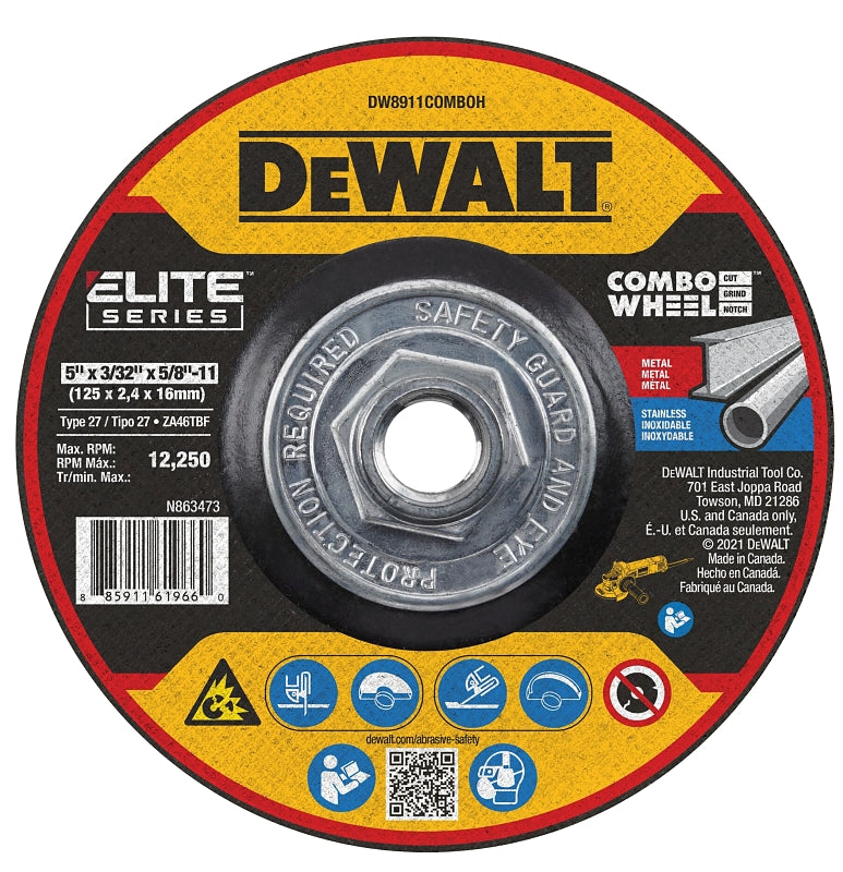 DEWALT ELITE Series DW8911COMBOH Cutting Wheel, 5 in Dia, 0.093 in Thick, 5/8-11 Arbor, 24 Grit, Ceramic Abrasive