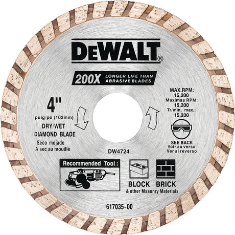 DEWALT DW4724 Circular Blade, Turbo Blade, 4 in Dia, 7/8 in Arbor, Diamond Cutting Edge