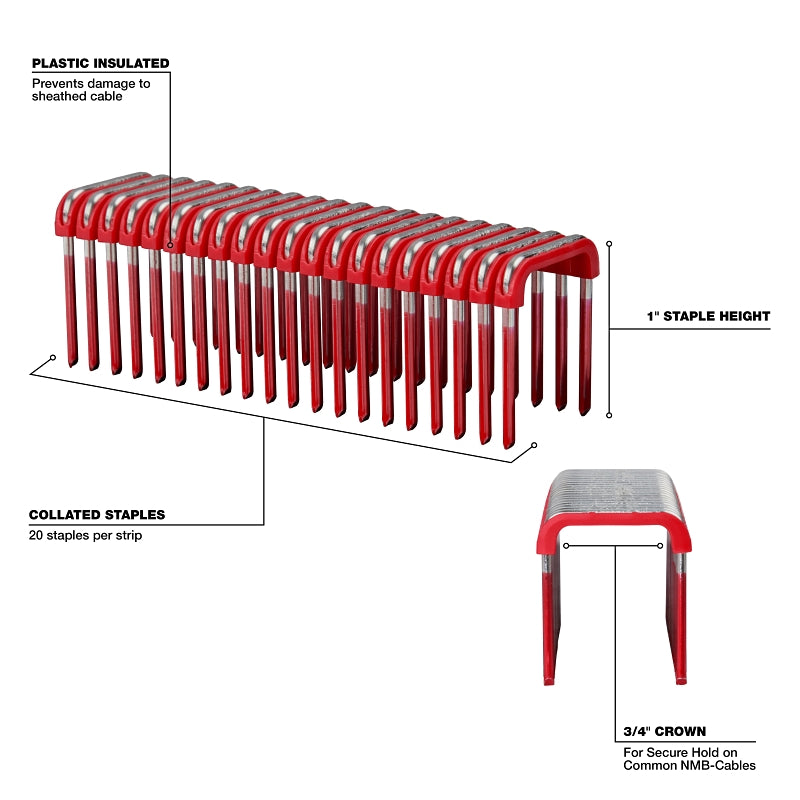 Milwaukee MNM1-600 Cable Staples, 1 in L Leg, 3/4 in W Crown, Steel, Pink/Red