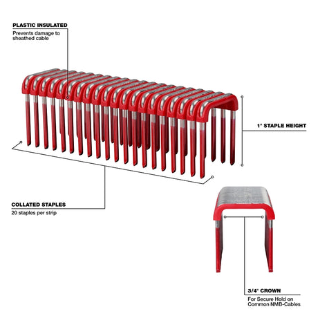 Milwaukee MNM1-600 Cable Staples, 1 in L Leg, 3/4 in W Crown, Steel, Pink/Red