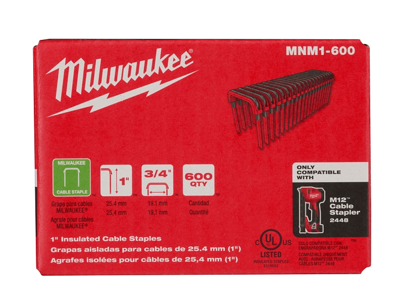 Milwaukee MNM1-600 Cable Staples, 1 in L Leg, 3/4 in W Crown, Steel, Pink/Red