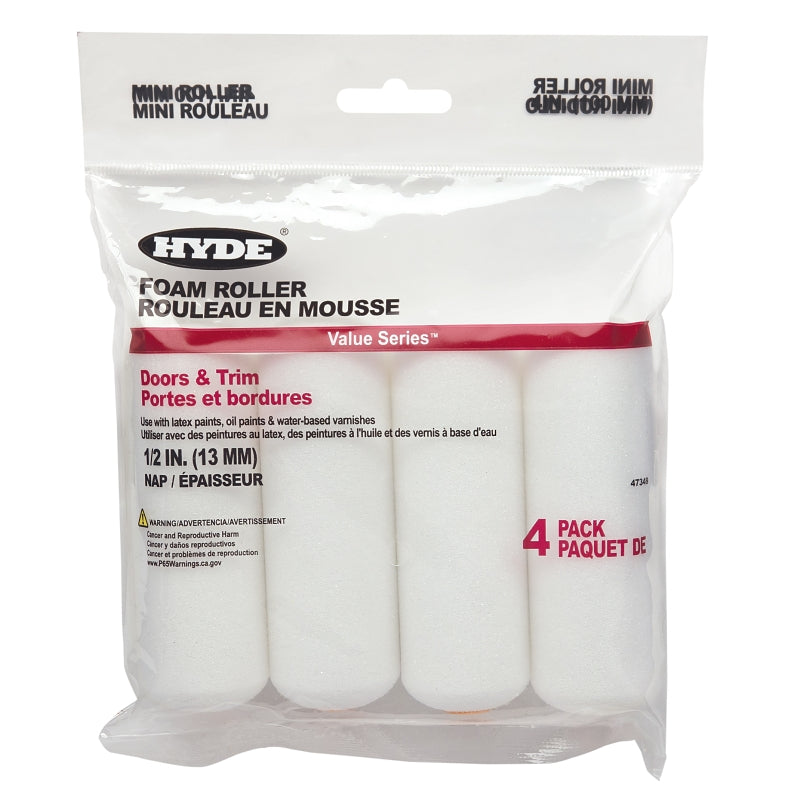 Hyde Value Series 47349 Mini Roller, 1/2 in Thick Nap, 4 in L, Foam Cover, 4/PK