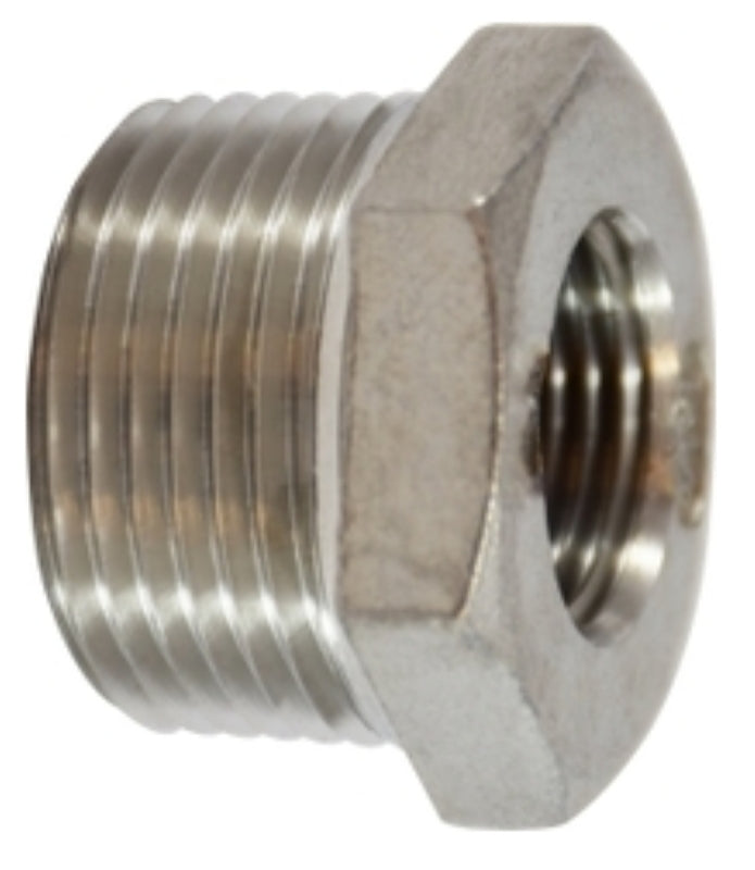 Anderson Metals 62505B Hex Reducing Pipe Bushing, 1/2 x 3/8 in, Male x Female, 304 Stainless Steel, 150 psi Pressure