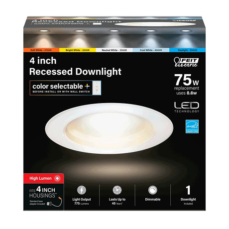Feit Electric LEDR4HO/6WYCA Downlight, 775 Lumens, 2.3 in H x 5.1 in W Dimensions, 8.6 W, 120 V, LED Lamp, White