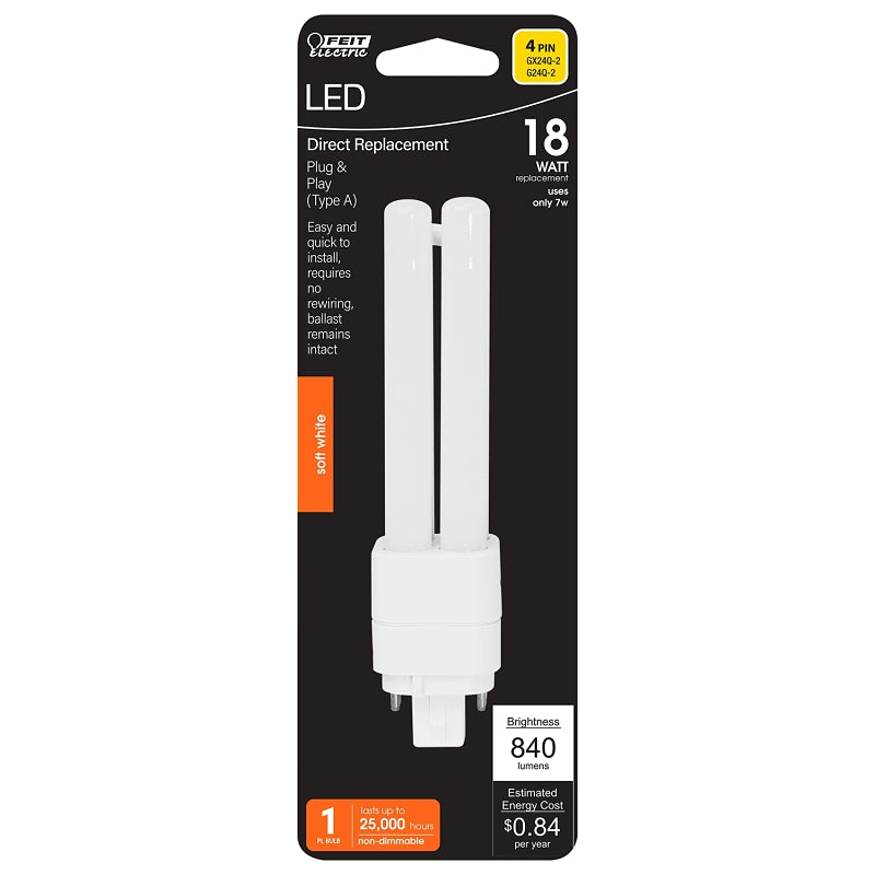Feit Electric BPPLD18E827LEDG2HDRP LED Bulb, Double Twin Tube, PL Lamp, 18 W Equivalent, G24Q-2 Lamp Base