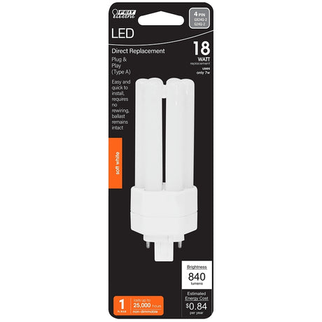Feit Electric BPPLT18E827LEDG2HDRP LED Bulb, Triple Tube, PL Lamp, 18 W Equivalent, GX24Q-2 Lamp Base