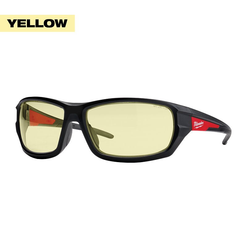 Milwaukee 48-73-2120 Safety Glasses, Black/Red Frame, Unisex, Anti-Scratch Lens, Polycarbonate Lens, Yellow Lens