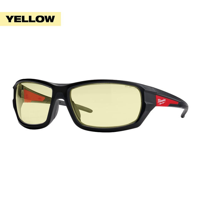 Milwaukee 48-73-2120 Safety Glasses, Black/Red Frame, Unisex, Anti-Scratch Lens, Polycarbonate Lens, Yellow Lens