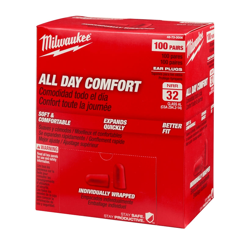 Milwaukee 48-73-3006 Ear Plugs, 32 dB NRR, Tapered, Foam Ear Plug, Red Ear Plug, 100/PK