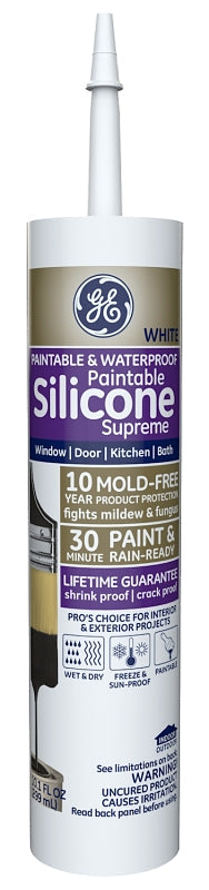 GE Supreme M90026-30 Window and Door Silicone Caulk, White, -30 to 150 deg F, 10.1 oz Cartridge Pack of 12