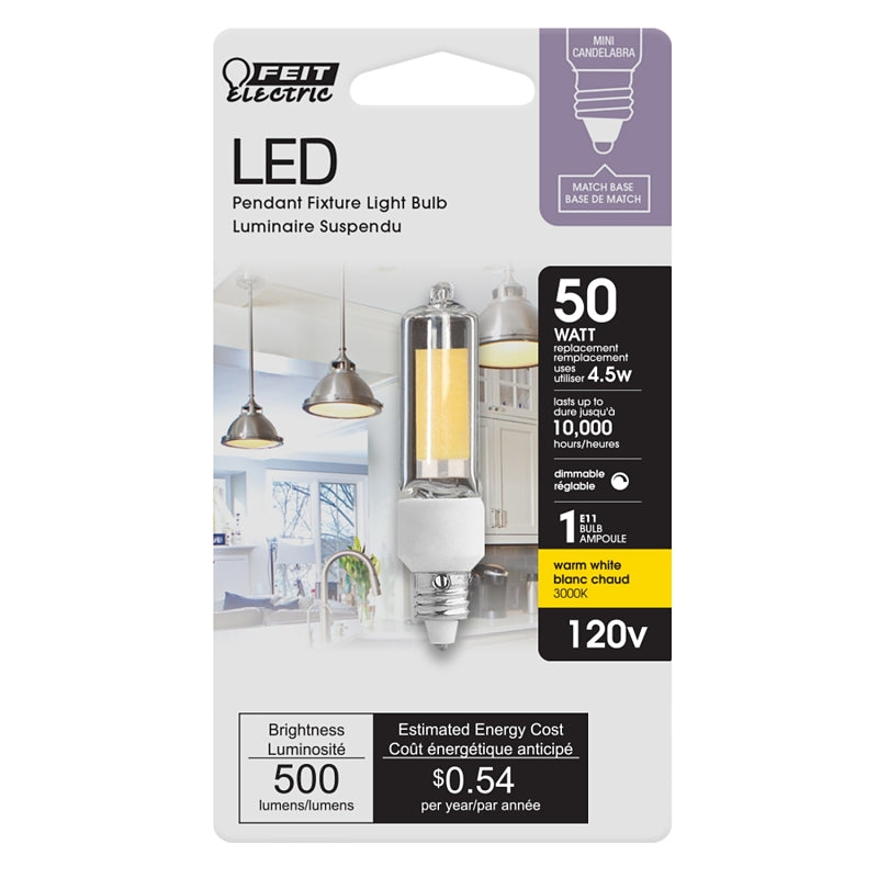 Feit Electric BP50MC/830/LED LED Bulb, Decorative, T4 Lamp, 50 W Equivalent, E11 Lamp Base, Dimmable, Clear, Warm White