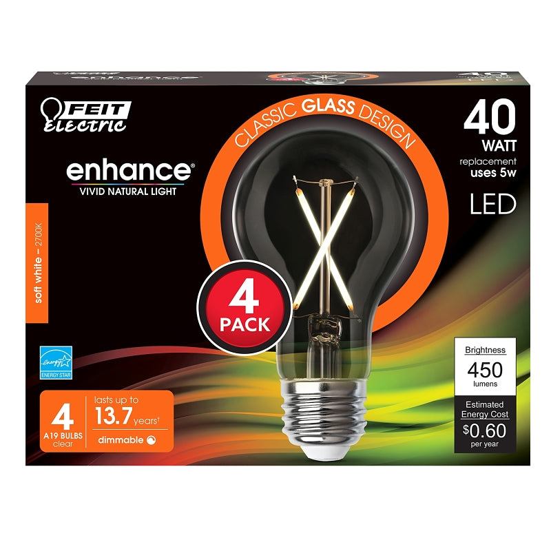 Feit Electric A1940CL927CA/FIL/4 Filament LED Bulb, A19 Lamp, 40 W Equivalent, E26 Medium Lamp Base, Dimmable, Clear