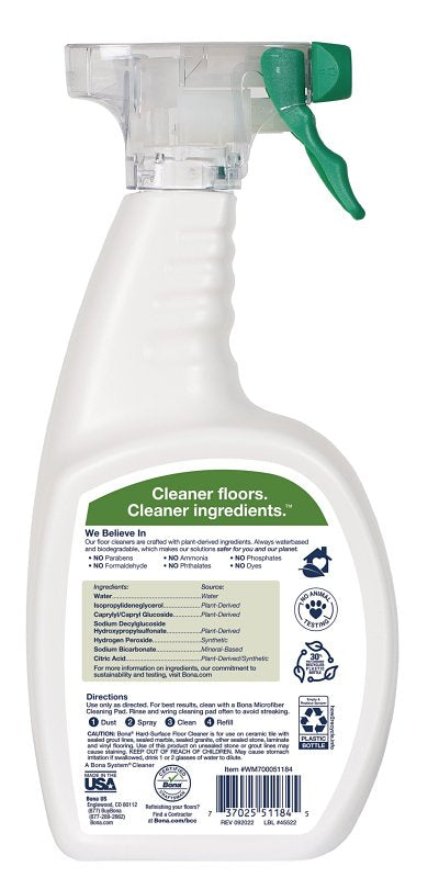 Bona WM700051184 Hard-Surface Floor Cleaner, 32 oz Bottle, Liquid, Green