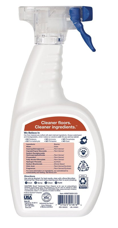Bona WM700051223 Hardwood Floor Cleaner, 32 oz Bottle, Liquid, Cedar Wood, Blue