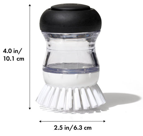 Good Grips 36481 Soap Dispensing Palm Brush, 4 in OAL, Nylon Trim, Non-Slip Handle, Silicone Handle
