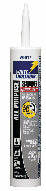 White Lightning 3006 Quick Dry W12QD0010 Caulk, White, 7 days Curing, 40 to 140 deg F, 10 fl-oz Syringe, Pack of 12