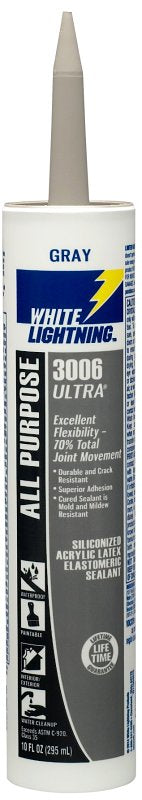 White Lightning W11004010 All Purpose Elastomeric Sealant, Gray, 5 to 7 days Curing, >40 deg F, 10 fl-oz, Cartridge, Pack of 12