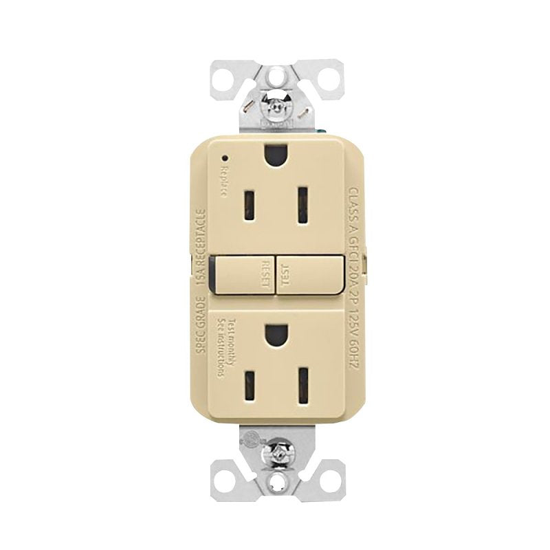 Eaton GF15V Self-Test GFCI Receptacle, 125 V, 15 A, NEMA: NEMA 5-15R, Back, Side Wiring, Ivory