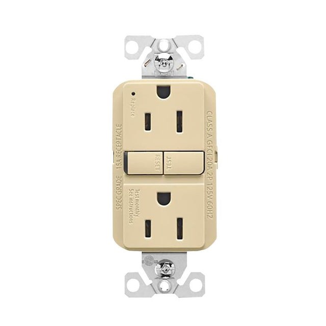 Eaton GF15V Self-Test GFCI Receptacle, 125 V, 15 A, NEMA: NEMA 5-15R, Back, Side Wiring, Ivory