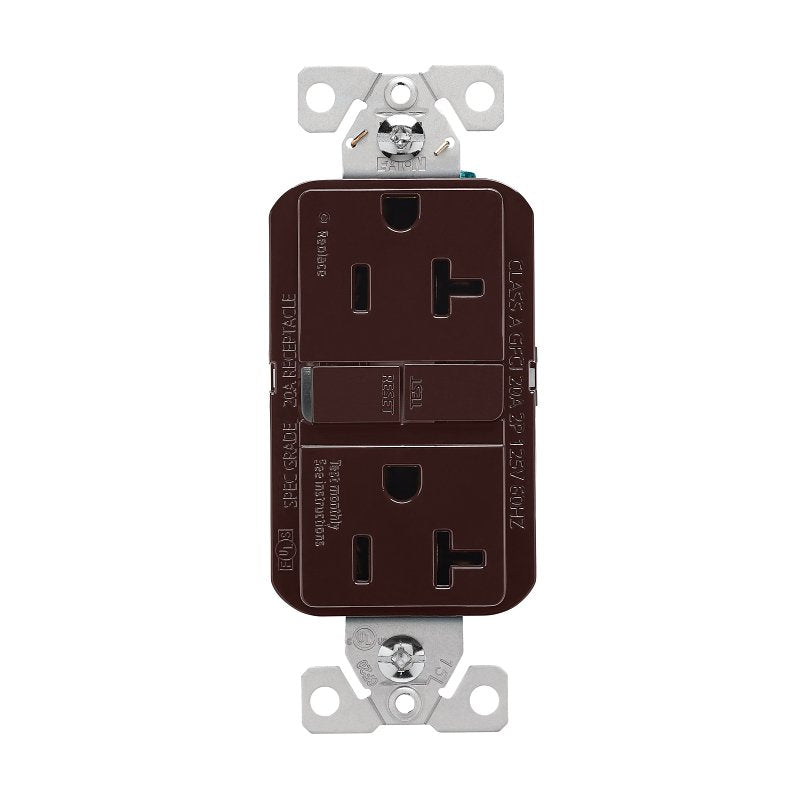 Eaton GF20B Self-Test GFCI Receptacle, 125 V, 20 A, NEMA: NEMA 5-20R, Back, Side Wiring, Brown