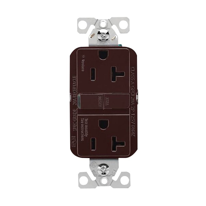 Eaton GF20B Self-Test GFCI Receptacle, 125 V, 20 A, NEMA: NEMA 5-20R, Back, Side Wiring, Brown