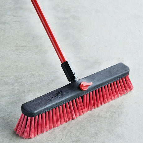 Libman 804 Push Broom, 3 in L Trim, Pet Bristle, 58-3/4 in L, Threaded, Steel Handle, Red