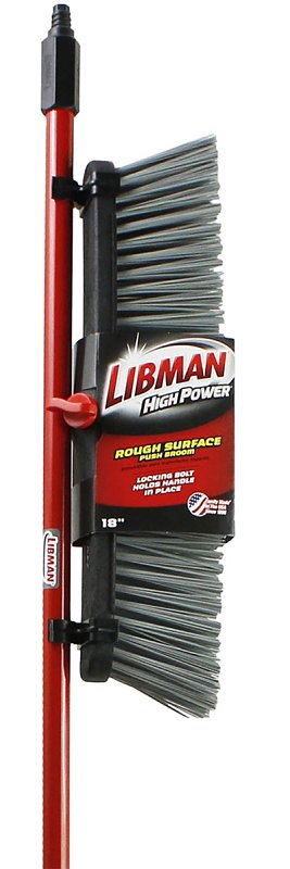 Libman 878 Push Broom, 4 in L Trim, Pet Bristle, 58-3/4 in L, Threaded, Steel Handle, Red
