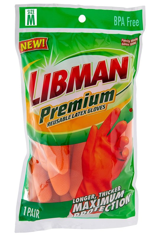 Libman 1324 Premium Reusable Gloves, M, 13 in L, Latex, Orange