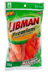 Libman 1324 Premium Reusable Gloves, M, 13 in L, Latex, Orange