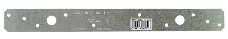 Simpson Strong-Tie LSTA Series LSTA12 Light Strap Tie, 12 in L, 1-1/4 in W, Steel, Galvanized, Fastening Method: Nail, Pack of 50
