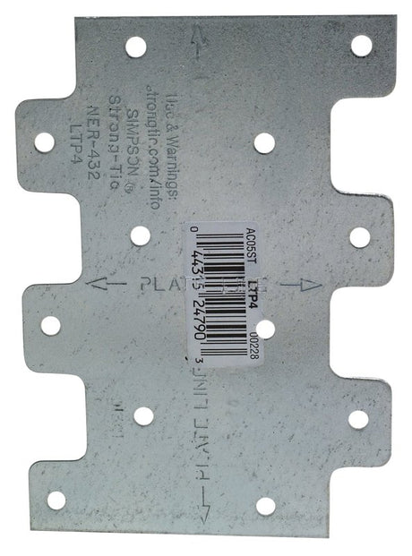 Simpson Strong-Tie LTP LTP4 Lateral Tie Plate, 4-1/4 in W, 3 in H, Steel, Galvanized/Zinc, Pack of 200