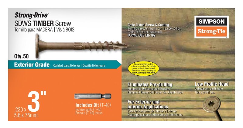 Simpson Strong-Tie Strong-Drive SDWS SDWS22300DB-R50 Timber Screw, 3 in L, Serrated Thread, Washer Head, Steel, Tan