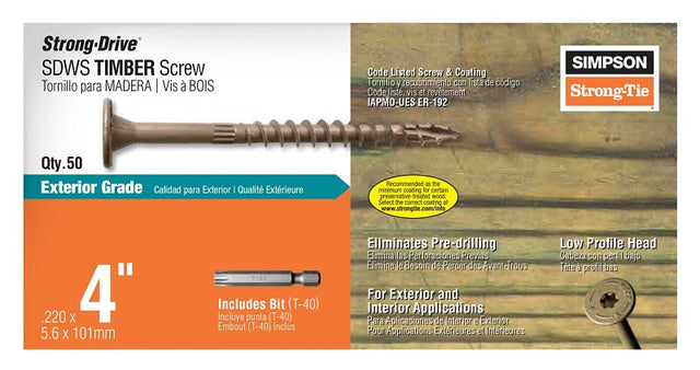 Simpson Strong-Tie Strong-Drive SDWS SDWS22400DB-R50 Timber Screw, 4 in L, Serrated Thread, Washer Head, Steel, Tan