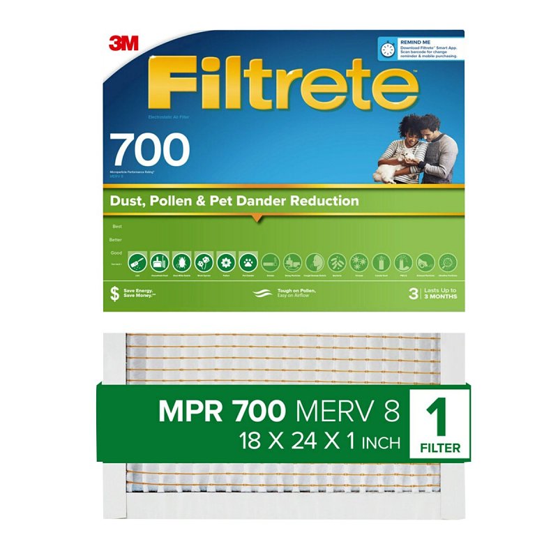 Filtrete 721-4 Pleated Air Filter, 24 in L, 18 in W, 8 MERV, 700 MPR, Fiberglass Frame, Pack of 4