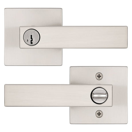 Kwikset Signature, Singapore 740SAL SQT 15 SMT Keyed Entry Door Handle, Lever Handle, Satin Nickel, Metal, AAA Grade