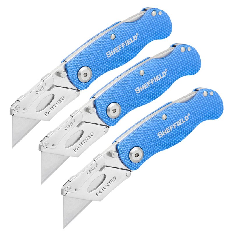 Sheffield 12514 Utility Knife, 2.4 in L Blade, 3-Blade, Textured Handle, Blue Handle