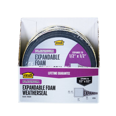 M-D 03110 Expandable Weatherseal, 1/2 in W, 20 ft L, 1/2 in Thick, Foam, Black