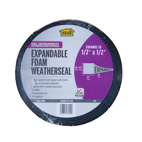 M-D 03110 Expandable Weatherseal, 1/2 in W, 20 ft L, 1/2 in Thick, Foam, Black