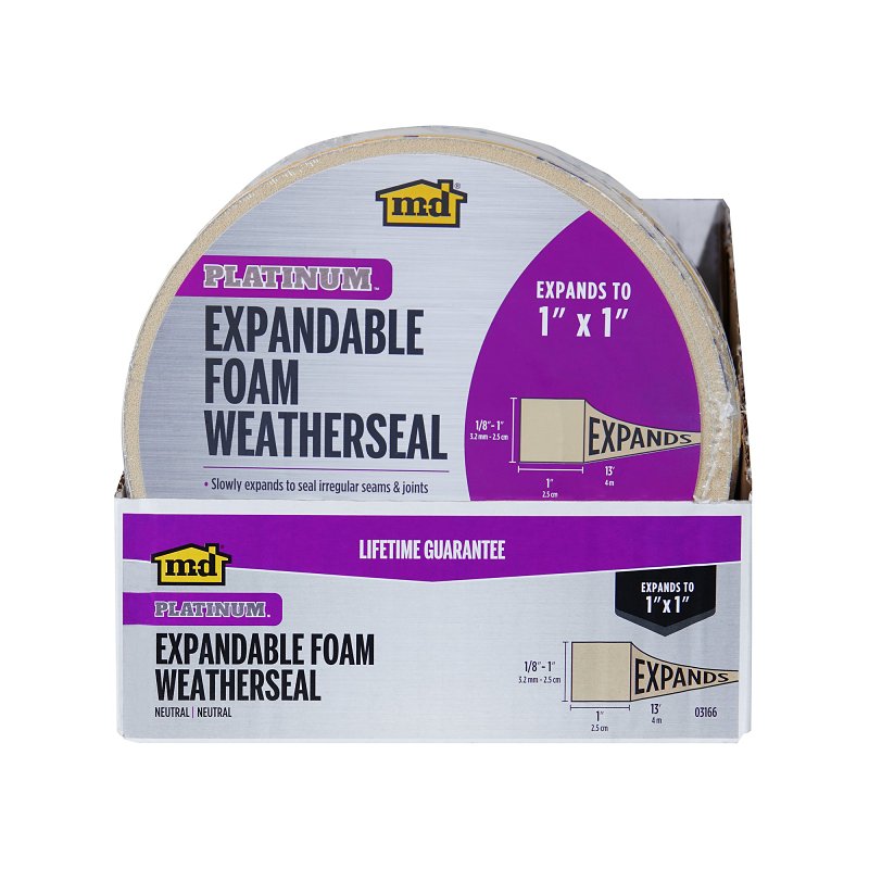 M-D 03166 Expandable Weatherseal, 1 in W, 13 ft L, 1 in Thick, Foam, Neutral