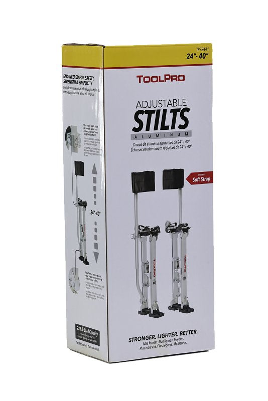 Toolpro TP72440 Adjustable Stilts, 225 lb, 24 in Min H, 40 in Max H, Metal Strap, Aluminum