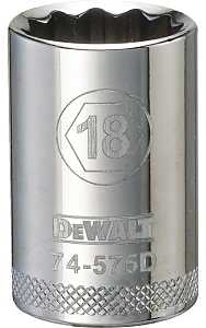 DEWALT DWMT74575OSP Drive Socket, 18 mm Socket, 1/2 in Drive, 12-Point, Steel, Polished Chrome Vanadium