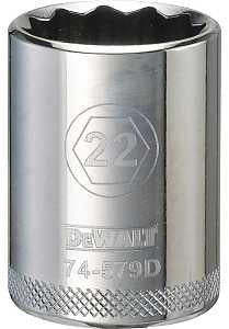 DEWALT DWMT74579OSP Drive Socket, 22 mm Socket, 1/2 in Drive, 12-Point, Steel, Polished Chrome Vanadium