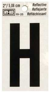 Hy-Ko RV-25/H Reflective Letter, Character: H, 2 in H Character, Black Character, Silver Background, Vinyl, Pack of 10