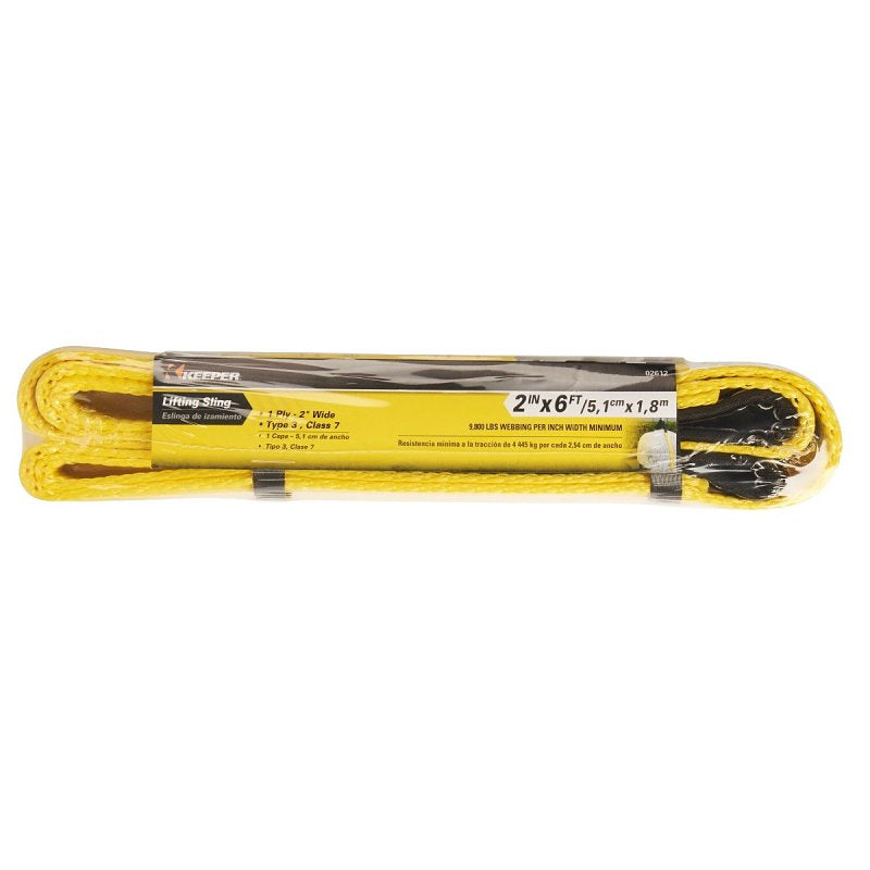 Keeper 02612 Lift Sling, 2 in W, 6 ft L, 1-Ply, 3100 lb Vertical Hitch, Polyester, Yellow