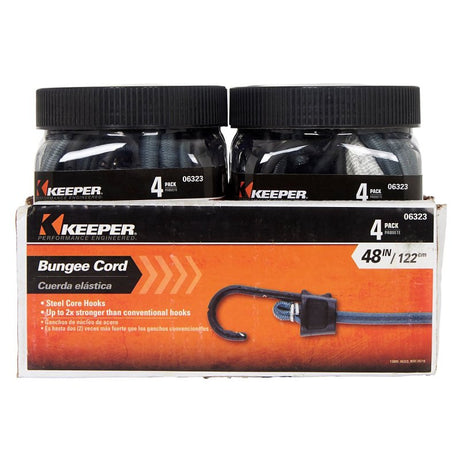 Keeper 06323 Bungee Cord, Polypropylene End, 48 in L, Rubber, Gray, Hook End, 4/PK